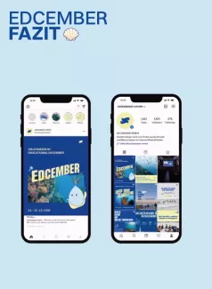 Hellblaues Kampagnenmotiv mit der Überschrift „Edcember Fazit“. Zwei Smartphone-Mock-ups zeigen einen Instagram-Beitrag zum Educational December und das zugehörige Profilraster.