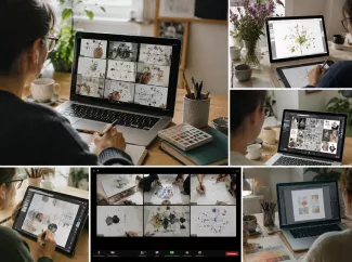 Frau gestaltet am Laptop