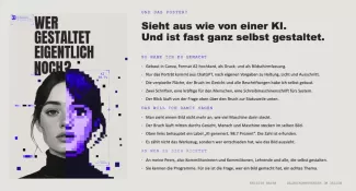 Kristins Plakat „Wer gestaltet eigentlich noch?“ zeigt ein halb verpixeltes Porträt. Daneben erklärt sie die selbst gestalteten Elemente und die erfundene KI-Prozentangabe.
