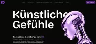 Websiteentwurf „Künstliche Gefühle“ mit violettem Roboterkopf auf schwarzem Grund. Thema sind parasoziale Beziehungen und emotionale Bindungen an KI.