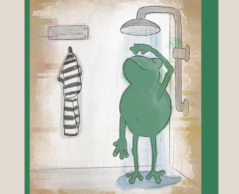 Zeichnung Frosch steht unter einer Dusche Kleidung hängt an einem Haken darüber ein Schild Palim Palim
