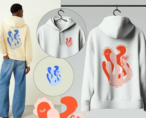Ein weißer Hoodie mit blauen Illustrationen und der roten Botschaft „Source of Life“ betont auf ästhetische Weise die zentrale Rolle von Wasser als Lebensquelle für alle Lebewesen.