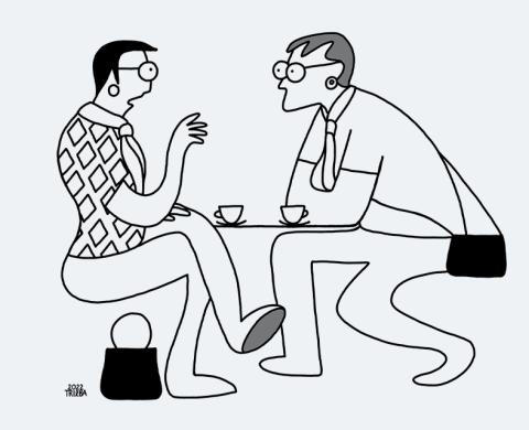 Strichzeichnung von zwei Personen die sich bei einen Kaffee unterhalten