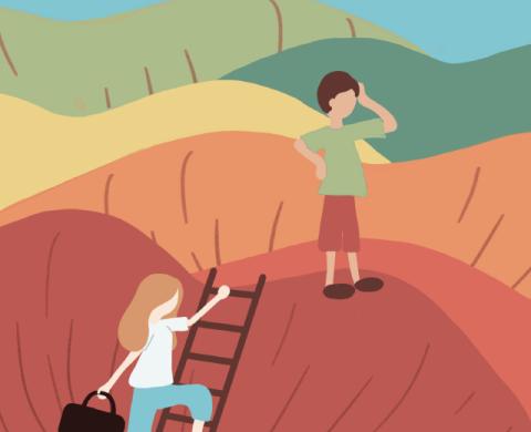 Illustration bunter Hügel auf dem ein Junge steht, ein Mädchen klettert über eine Leiter von unten auf den ersten Berg 