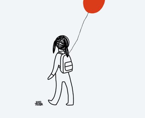 Strichzeichnung eines Kinds mit rotem Luftballon