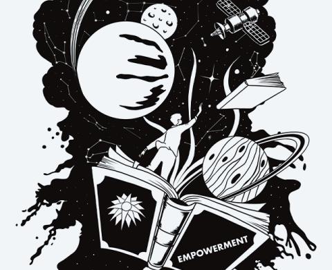 Schwarz-Weiß Illustration mit Planeten, einer Rakete, einem Satellit, und einem Menschen der auf einem Buch steht