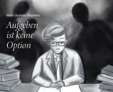 Düstere Illustration von einem lesenden Studenten, umgeben von dunklen Personenschatten