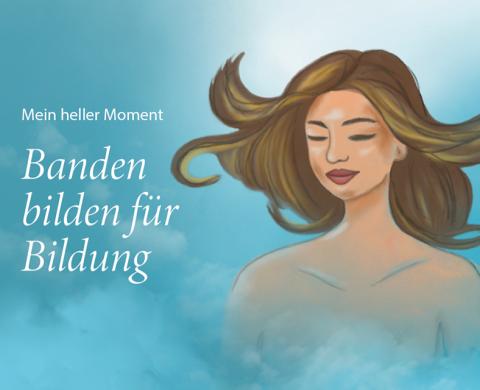 Aquarellzeichnung einer Frau mit langen wehenden blonden Haaren. Im Hintergrund blauer Himmel und helle Wolken