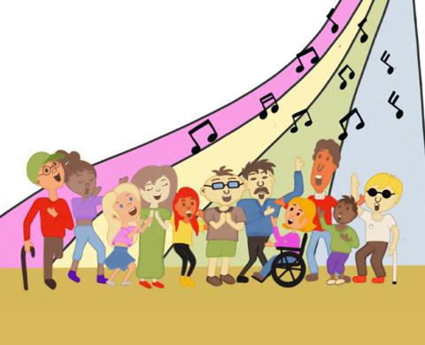 Illustration von unterschiedlichen Personen die singen. Im Hintergrund ist eine bunte Welle mit Noten zu sehen.