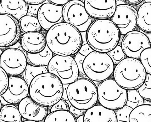 Schwarzweißzeichnung von vielen lachenden Smileys