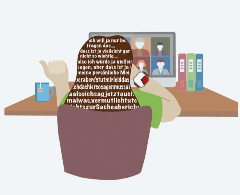 Illustration einer Person von hinten, die an Schreibtisch vor einem Computer sitzt