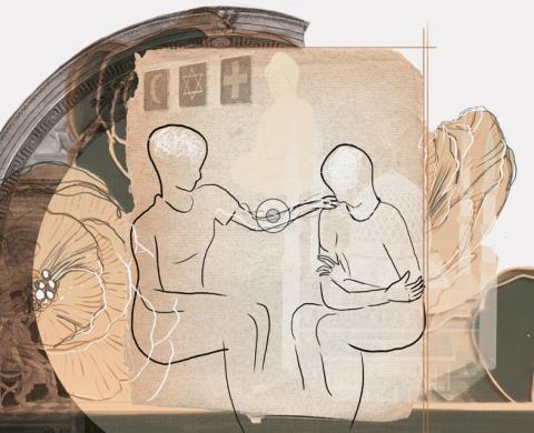  Illustration von zwei Menschen. Eine Person hat seine Hand auf der Schulter der anderen Person. Im Hintergund sind Blumen und ein Torbogen zu sehen.