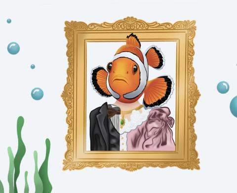 Illustration von einem Anemonenfisch der aus einem Barocken Bilderrahmen schwimmt