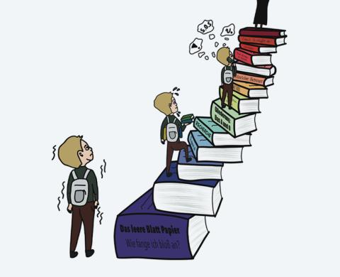 Illustration einer Person die eine Treppe aus Büchern erklimmt. Ziel ist die Bachelorarbeit 