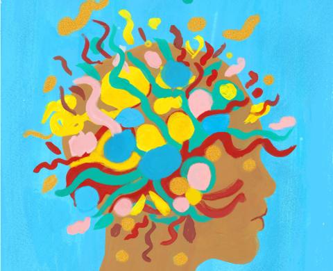 Bunte, abstrakte Illustration eines menschlichen Kopfes im Profil vor blauem Hintergrund; aus dem Kopf sprudeln farbenfrohe Formen und Linien, die Kreativität, Gedanken und Emotionen symbolisieren.