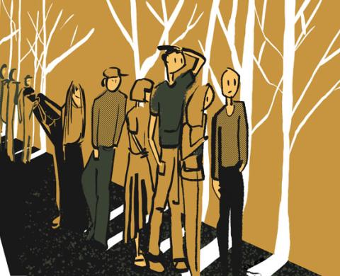 Illustration einer Gruppe von Menschen, die nebeneinander durch einen stilisierten, goldfarbenen Wald gehen und symbolisch für Gemeinschaft und Entwicklung stehen.