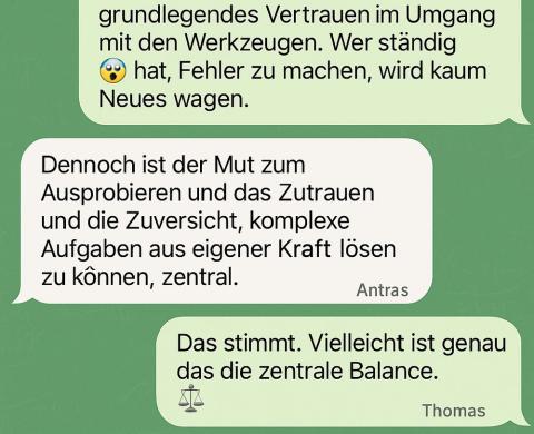 Thomas spricht über Angst vor Fehlern, Andreas über Mut zur Eigenverantwortung – beide betonen Balance.