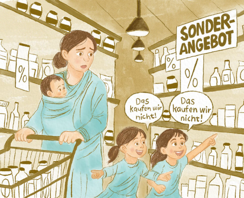 Frau mit Kindern beim Einkaufen