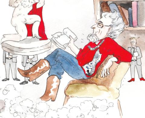 Aquarellillustration: Professor Tilo Staudenrausch (TS) sitzt entspannt mit Buch, rotem Hemd, Jeans und braunen Cowboystiefeln vor einer Bücherwand; zu seinen Füßen wuseln weiße Schafe, links eine Atlas-Statue mit rotem Umhang, im Hintergrund eine Reihe uniform gekleideter Männer in grauen Business-Anzügen.