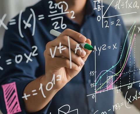 Student schreibt Formeln an eine Glastafel