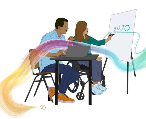 illustration von zwei studierenden mit ki die sich als licht in rergenbogenfarben durch den raum schlängelt