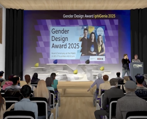 Rendering eines Vortragssaals mit Publikum (auch Rollstuhlfahrende), Bühne mit weißen, organischen Podestflächen und großer Projektion „Gender Design Award 2025“. Team: Luka, Esther, Marcel.