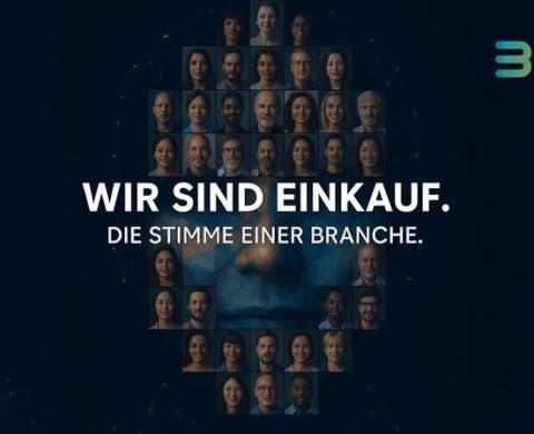 Gesichter von Mitgliedern des BME bilden eine digitale Collage mit dem Claim „Wir sind Einkauf. Die Stimme einer Branche.“