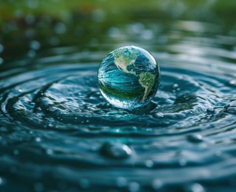 Realistischer Wassertropfen mit einem Ökosystem fällt ins Wasser.