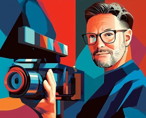 Grafisch bunt dargestellter Mann mit Kamera