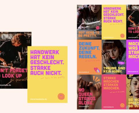 Collage aus Plakaten und Social-Media-Motiven in Gelb, Pink, Orange, Schwarz und Violett. Zu sehen sind Porträts junger Frauen, eine Person bei handwerklicher Arbeit und große typografische Botschaften wie „Handwerk hat kein Geschlecht. Stärke auch nicht.“, „No queen stands alone.“ und „Sei nicht angepasst. Sei du.“