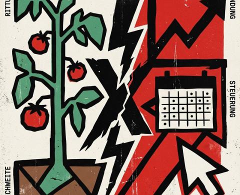 Quadratische, plakatige Illustration im rauen Siebdruck/Zine-Stil. Links eine stilisierte Tomatenpflanze mit roten Früchten in einem Topf; an den Rändern stehen die Wörter „RITUAL“ (oben/links) und „REICHWEITE“ (unten/links). Rechts eine rote Fläche mit dicker schwarzer Aufwärtskurve, Kalender-Symbol und großem Cursor-Pfeil; an den Rändern stehen „BINDUNG“ (oben/rechts), „STEUERUNG“ (rechts) und „COMMUNITY“ (unten/rechts). In der Mitte trennt ein gezackter, schwarzer Blitz/Riss beide Hälften. Die Grafik vis