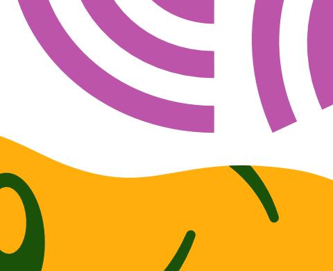 Abstrakte Illustration mit violetten Kreislinien, gelb-orangen Flächen und dunkelgrünen geschwungenen Formen.